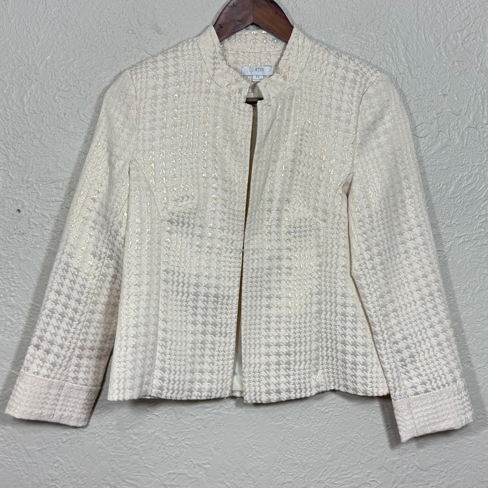 Erin London Blazer Jacket PS Crop Houndstooth Metallic Vtg Old Money Art Holiday